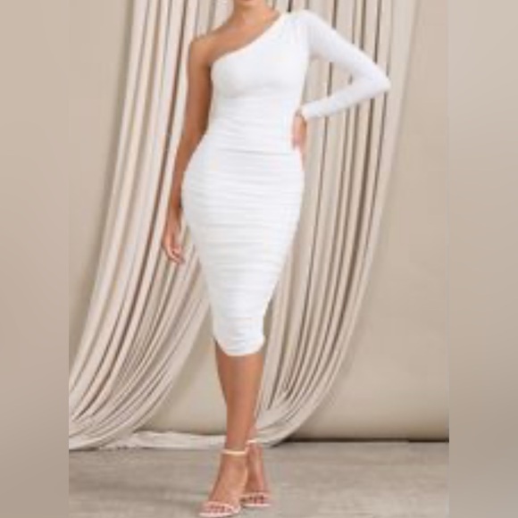 Club L London Elegant White One-Shoulder Long Sleeve Midi‎ Bodycon Dress 10 NEW - Picture 1 of 9